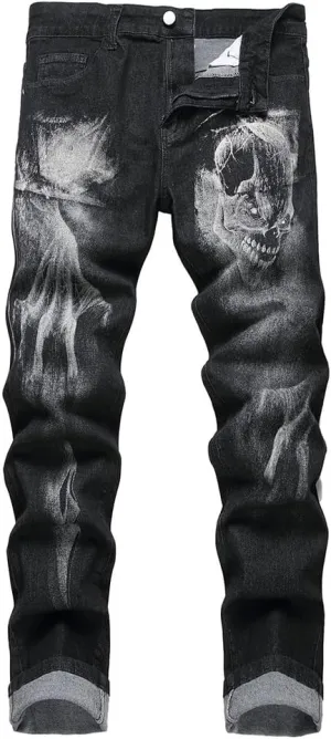 Men's Jeans Skinny Trendy Dragon Print Stretchy Fashion Hip Hop Straight Leg Jean Pants Size 28-38