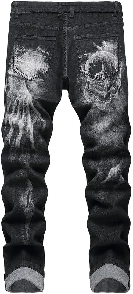 Men's Jeans Skinny Trendy Dragon Print Stretchy Fashion Hip Hop Straight Leg Jean Pants Size 28-38