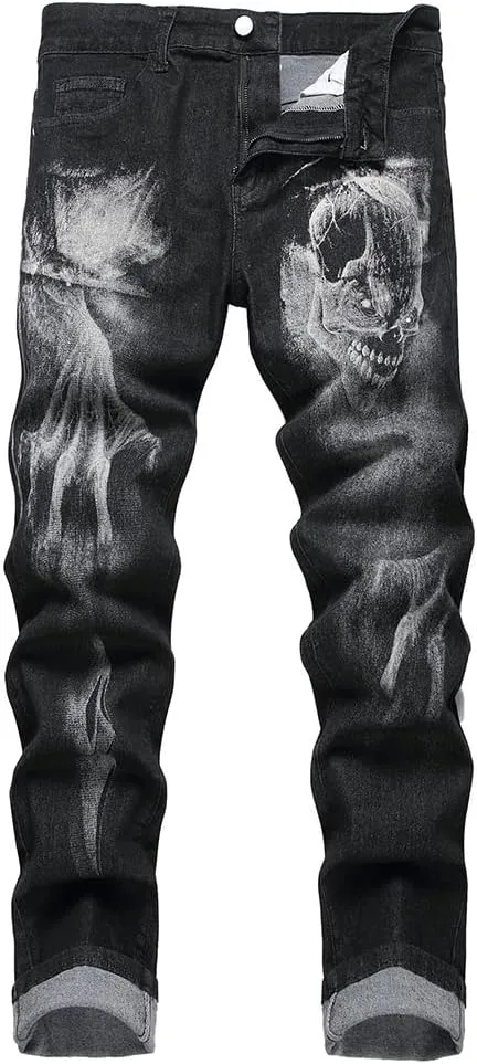 Men's Jeans Skinny Trendy Dragon Print Stretchy Fashion Hip Hop Straight Leg Jean Pants Size 28-38