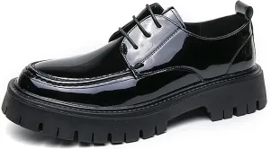 Men's Leather Platform Lace Up Lug Sole Loafers,Classic Round Toe Chunky Heel Comfort Slip On Dress Shoes Casual Formal Work Penny Shoes
