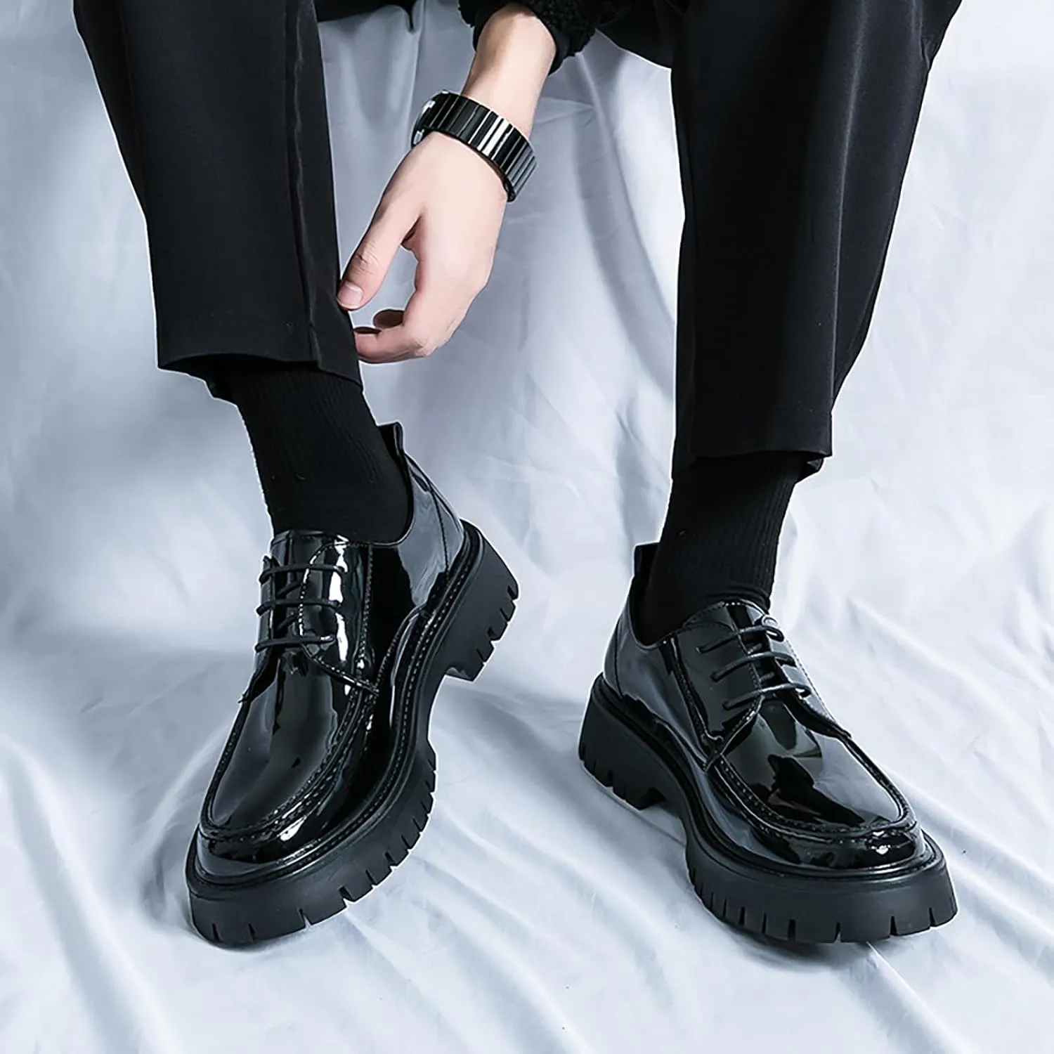Men's Leather Platform Lace Up Lug Sole Loafers,Classic Round Toe Chunky Heel Comfort Slip On Dress Shoes Casual Formal Work Penny Shoes