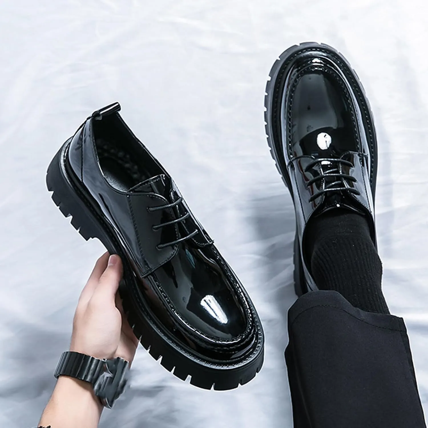 Men's Leather Platform Lace Up Lug Sole Loafers,Classic Round Toe Chunky Heel Comfort Slip On Dress Shoes Casual Formal Work Penny Shoes
