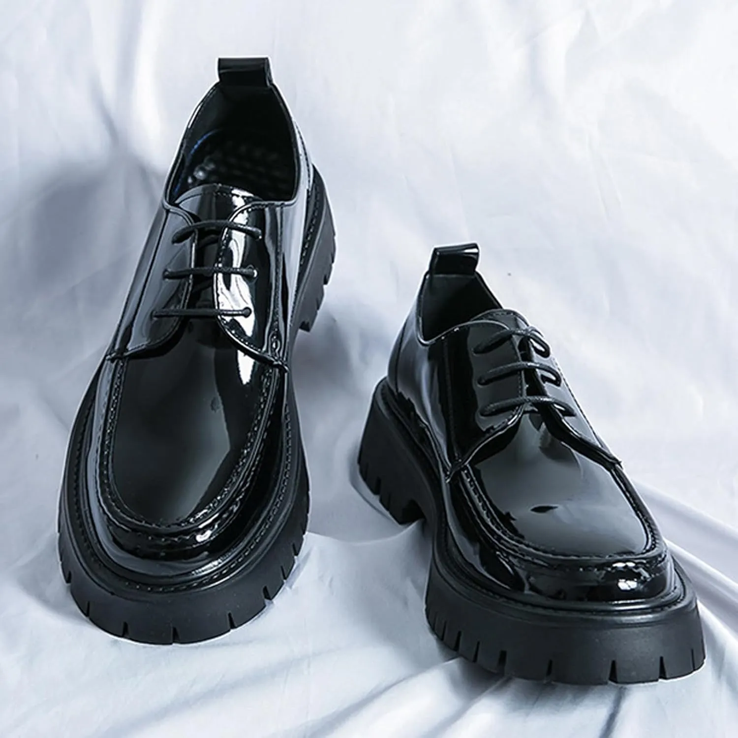 Men's Leather Platform Lace Up Lug Sole Loafers,Classic Round Toe Chunky Heel Comfort Slip On Dress Shoes Casual Formal Work Penny Shoes