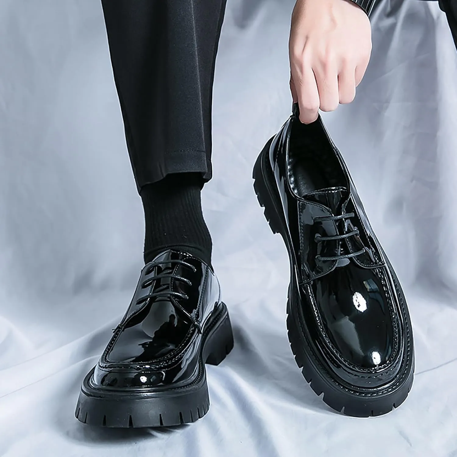 Men's Leather Platform Lace Up Lug Sole Loafers,Classic Round Toe Chunky Heel Comfort Slip On Dress Shoes Casual Formal Work Penny Shoes