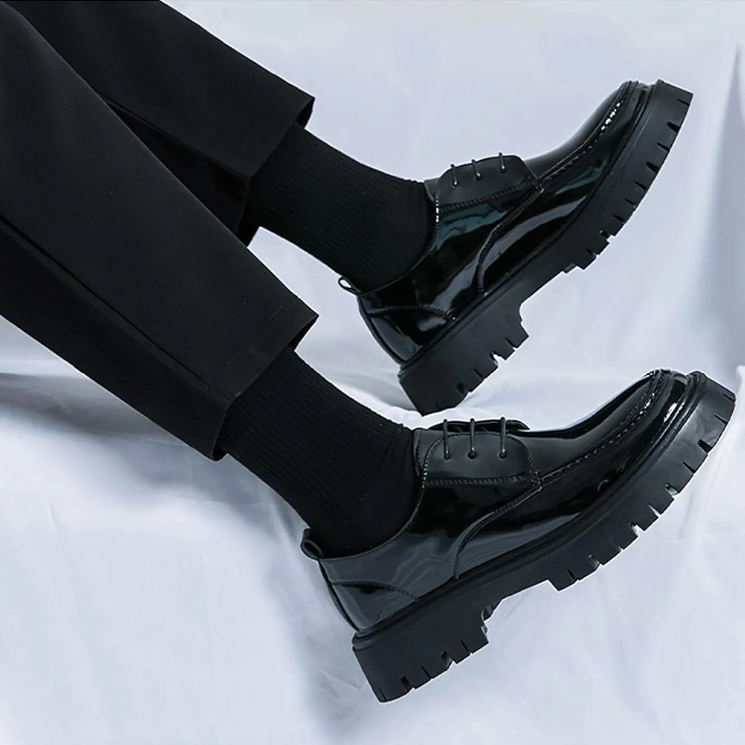 Men's Leather Platform Lace Up Lug Sole Loafers,Classic Round Toe Chunky Heel Comfort Slip On Dress Shoes Casual Formal Work Penny Shoes