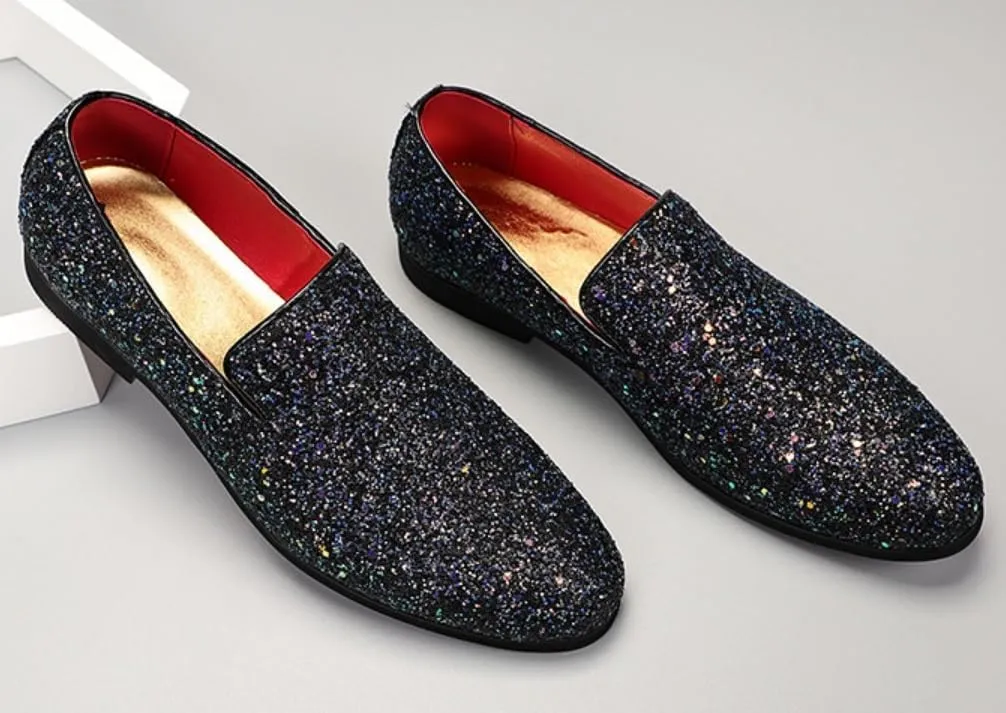 Men's Leather Round Toe Sequined Loafers Slip-On Glitter Fashion Sparkly Casual Shoes Dress Shoes for Prom Party Dating