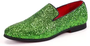 Men's Leather Round Toe Sequined Loafers Slip-On Glitter Fashion Sparkly Casual Shoes Dress Shoes for Prom Party Dating