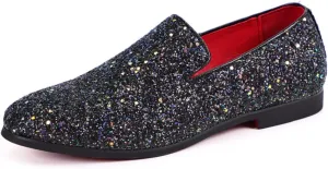 Men's Leather Round Toe Sequined Loafers Slip-On Glitter Fashion Sparkly Casual Shoes Dress Shoes for Prom Party Dating