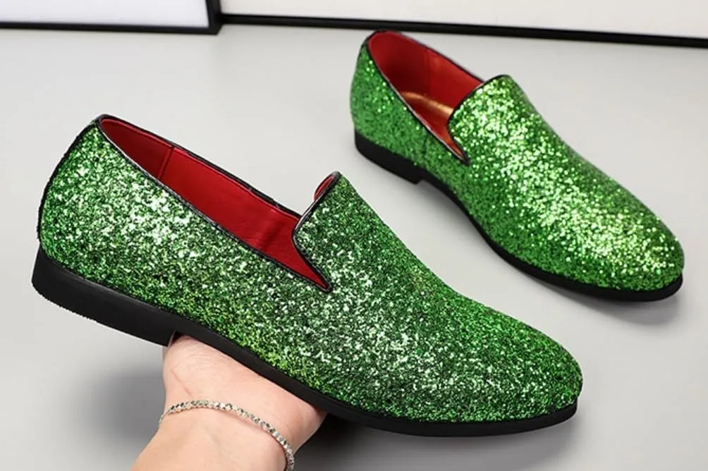 Men's Leather Round Toe Sequined Loafers Slip-On Glitter Fashion Sparkly Casual Shoes Dress Shoes for Prom Party Dating