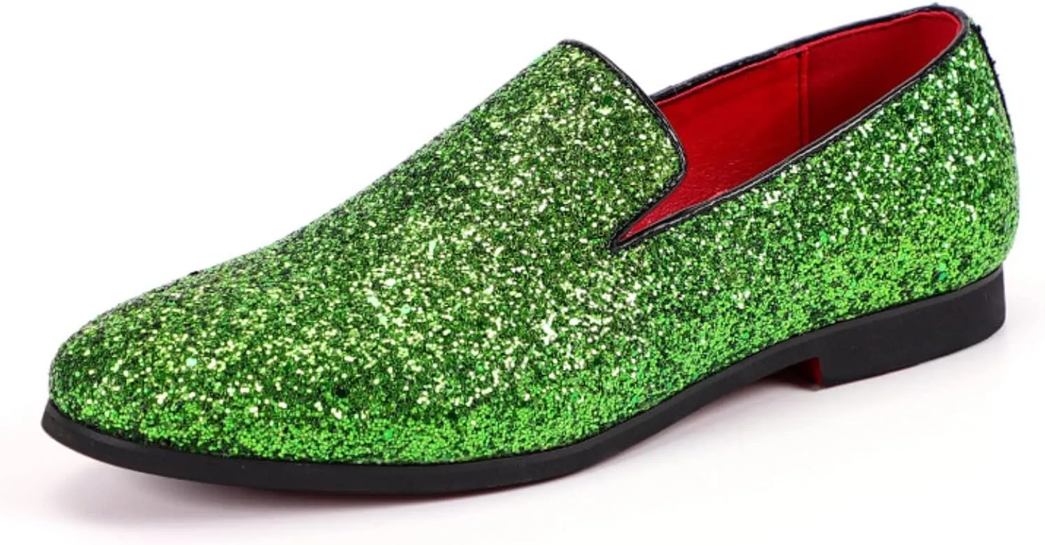Men's Leather Round Toe Sequined Loafers Slip-On Glitter Fashion Sparkly Casual Shoes Dress Shoes for Prom Party Dating