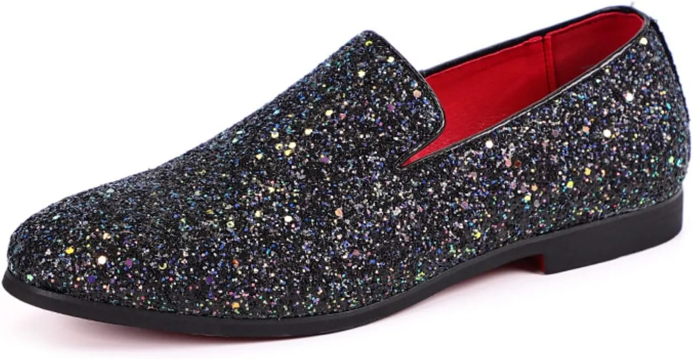 Men's Leather Round Toe Sequined Loafers Slip-On Glitter Fashion Sparkly Casual Shoes Dress Shoes for Prom Party Dating