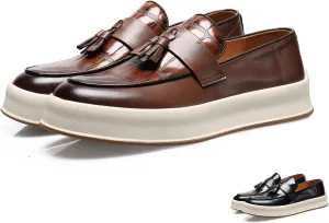 Men's Plaid Leather Slip On Tassel Loafers Round Toe Low Top Non-Slip Fashion Sneaker Lightweight Comfortable Business Casual Dress Shoes for Office Party