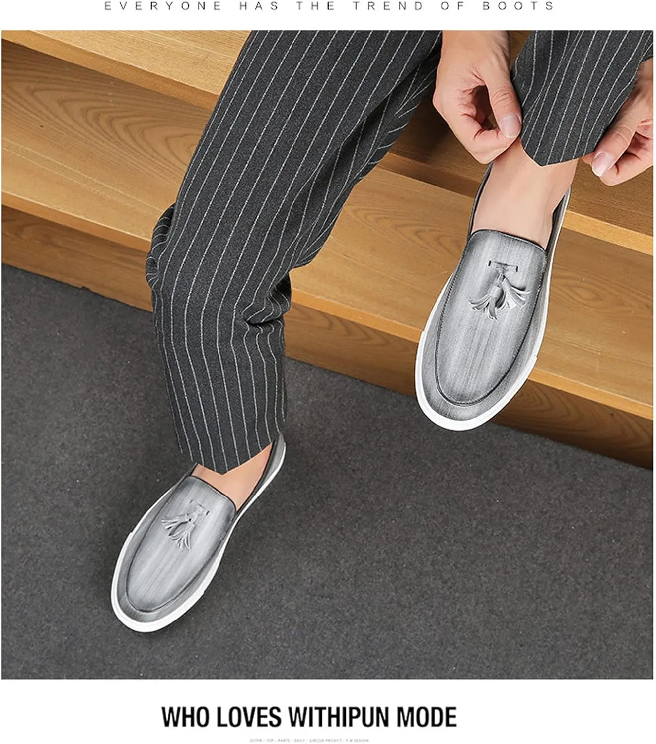 Men's Polished Leather Slip-On Casual Loafers with Tassel Fashion Round Toe Comfort Non-Slip Thick Sole Business Dress Flat Penny Loafer for Work Driving