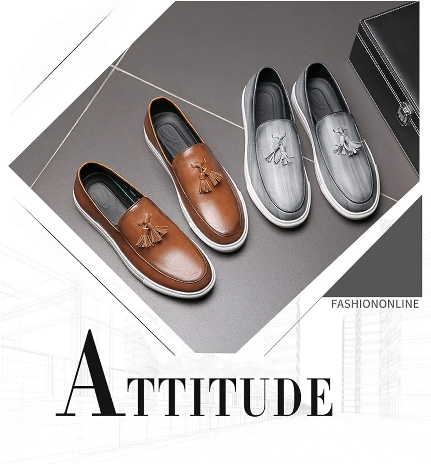 Men's Polished Leather Slip-On Casual Loafers with Tassel Fashion Round Toe Comfort Non-Slip Thick Sole Business Dress Flat Penny Loafer for Work Driving