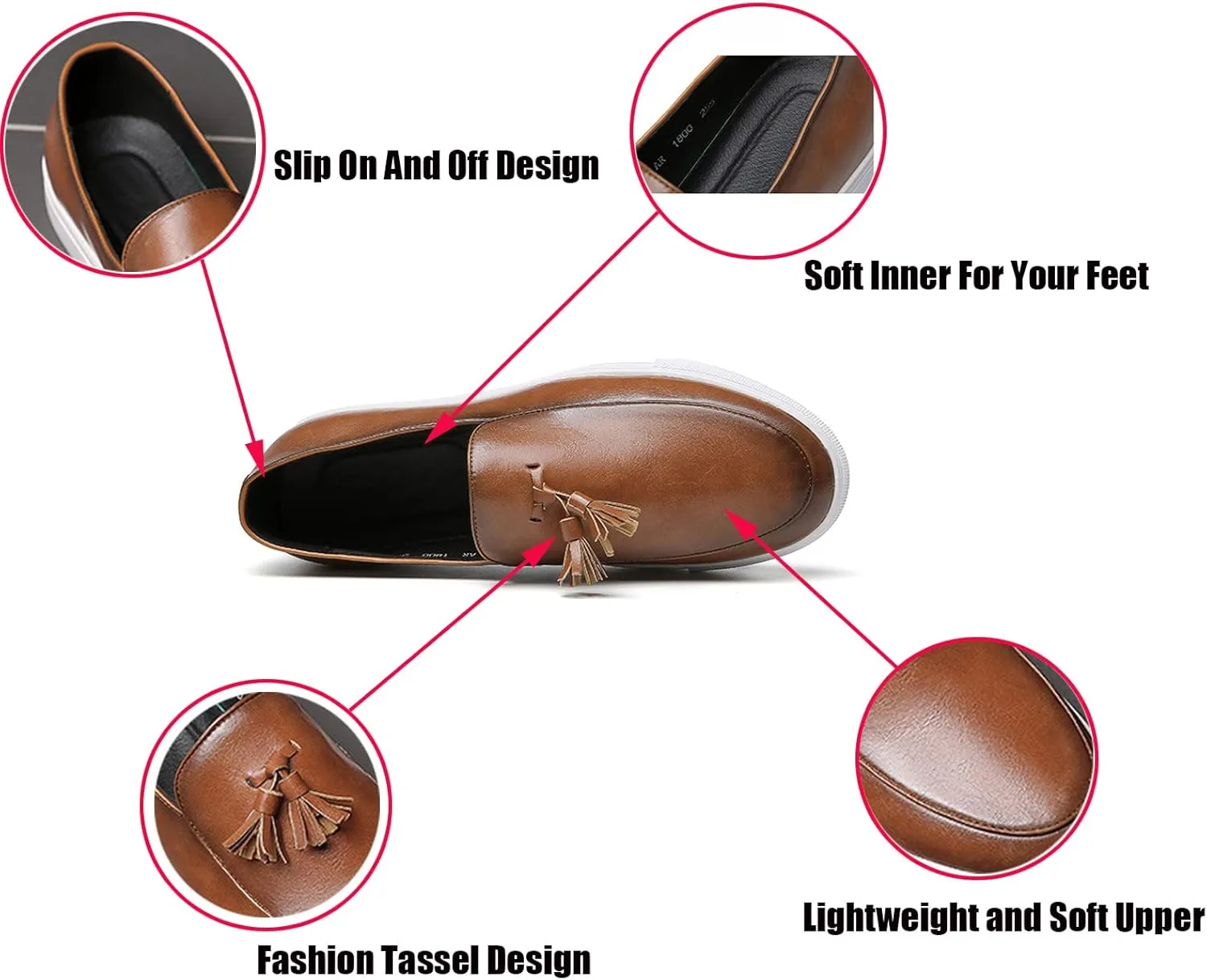 Men's Polished Leather Slip-On Casual Loafers with Tassel Fashion Round Toe Comfort Non-Slip Thick Sole Business Dress Flat Penny Loafer for Work Driving