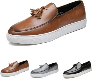 Men's Polished Leather Slip-On Casual Loafers with Tassel Fashion Round Toe Comfort Non-Slip Thick Sole Business Dress Flat Penny Loafer for Work Driving