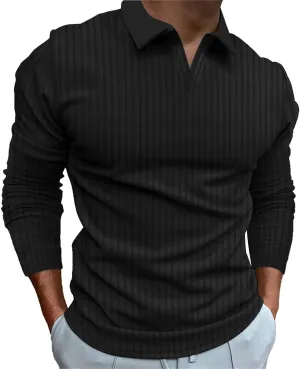 Men's Ribbed Polo Shirt Slim Fit Long Sleeve Muscle Shirt Fitted Cotton Pullover Sweater Casual Stretchy Undershirts