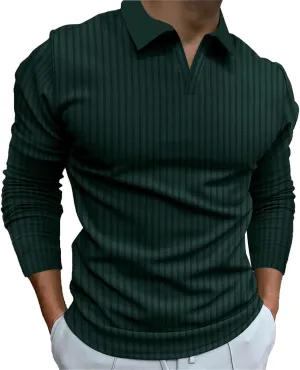 Men's Ribbed Polo Shirt Slim Fit Long Sleeve Muscle Shirt Fitted Cotton Pullover Sweater Casual Stretchy Undershirts