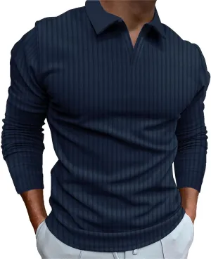 Men's Ribbed Polo Shirt Slim Fit Long Sleeve Muscle Shirt Fitted Cotton Pullover Sweater Casual Stretchy Undershirts