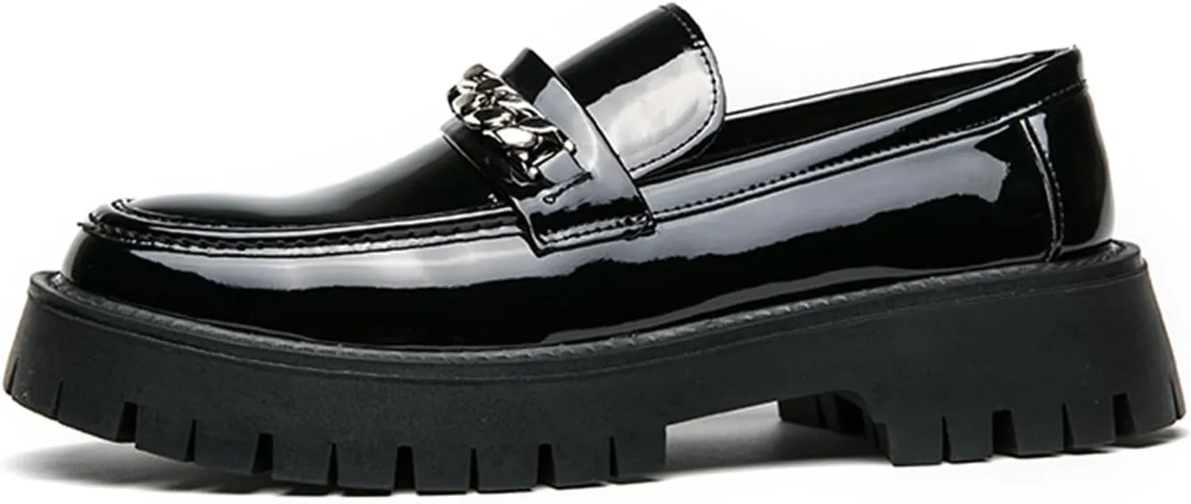 Men's Shiny Metallic Leather Slip-On Loafers with Chain Detail Lightweight Round Toe Chunky Sole Moccasins for Party Casual and Daily Wear