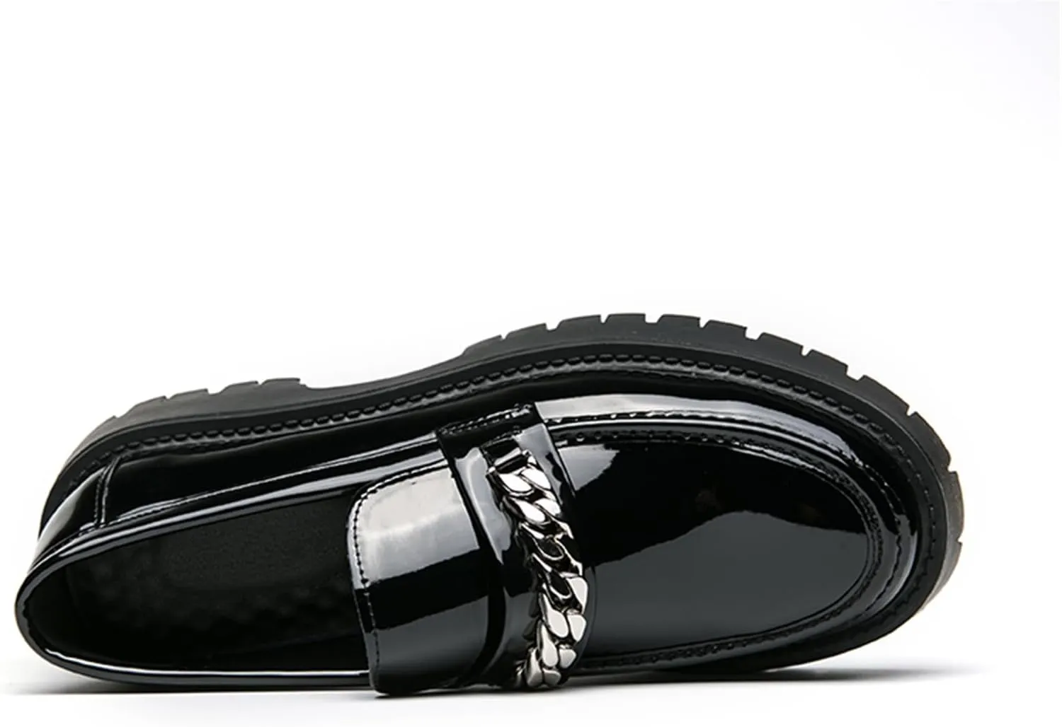 Men's Shiny Metallic Leather Slip-On Loafers with Chain Detail Lightweight Round Toe Chunky Sole Moccasins for Party Casual and Daily Wear