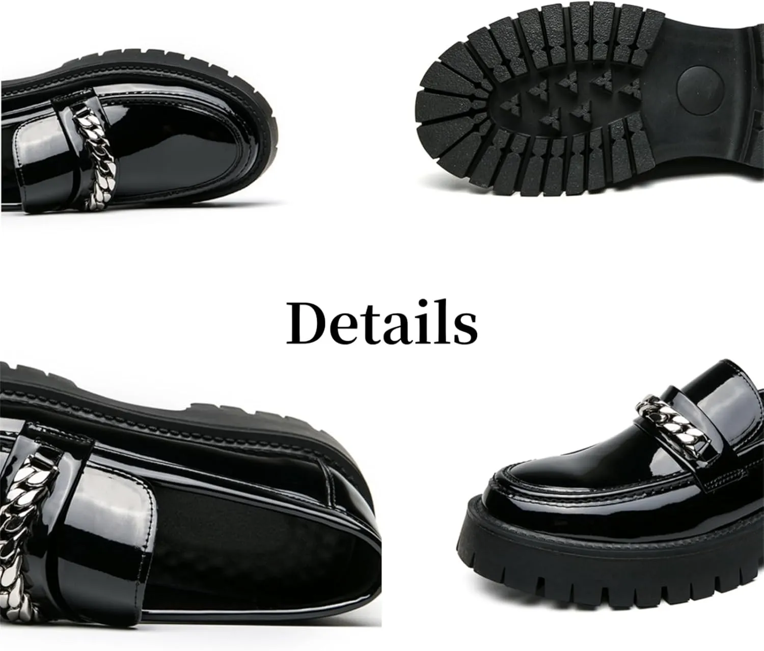 Men's Shiny Metallic Leather Slip-On Loafers with Chain Detail Lightweight Round Toe Chunky Sole Moccasins for Party Casual and Daily Wear