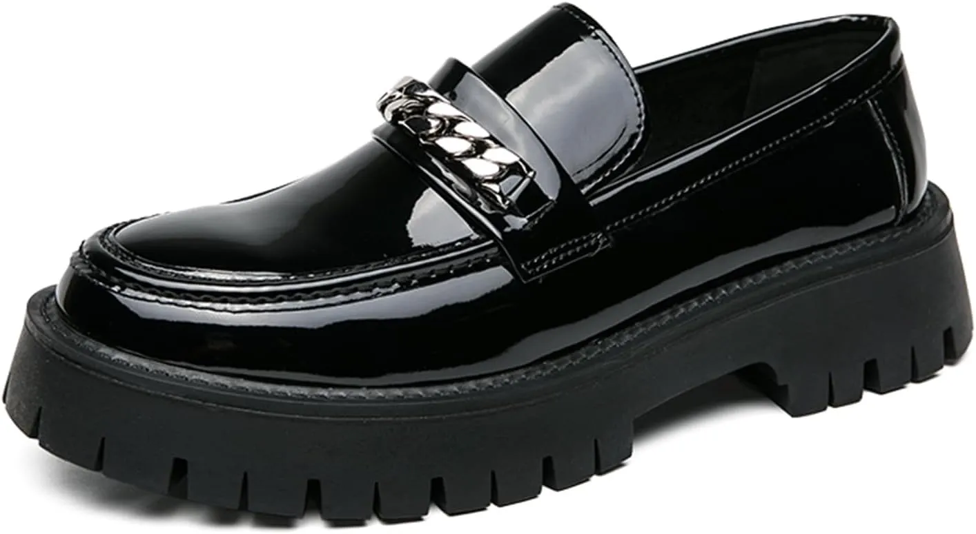 Men's Shiny Metallic Leather Slip-On Loafers with Chain Detail Lightweight Round Toe Chunky Sole Moccasins for Party Casual and Daily Wear