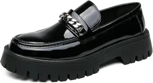 Men's Shiny Metallic Leather Slip-On Loafers with Chain Detail Lightweight Round Toe Chunky Sole Moccasins for Party Casual and Daily Wear