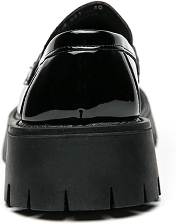 Men's Shiny Metallic Leather Slip-On Loafers with Chain Detail Lightweight Round Toe Chunky Sole Moccasins for Party Casual and Daily Wear