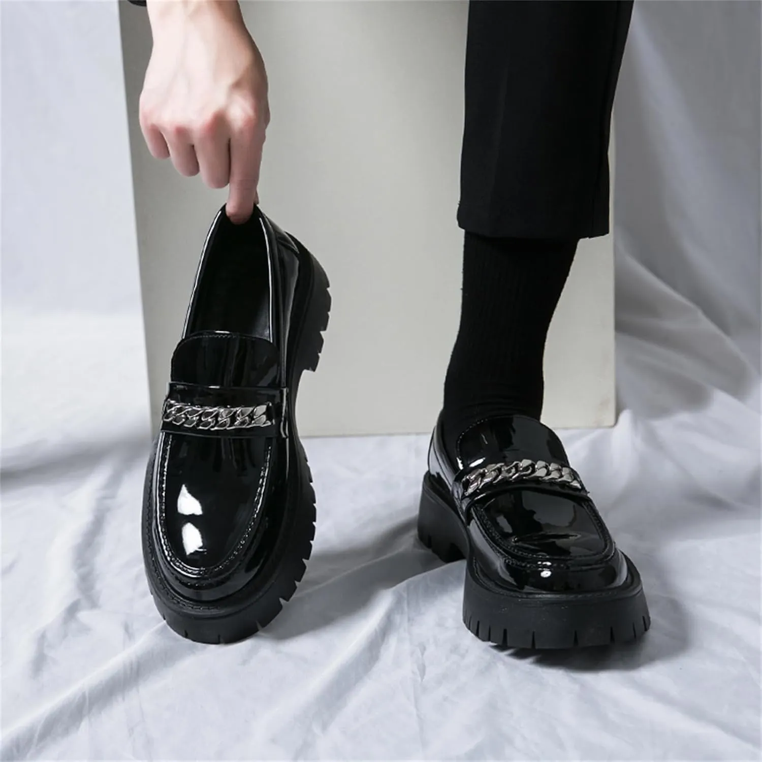 Men's Shiny Metallic Leather Slip-On Loafers with Chain Detail Lightweight Round Toe Chunky Sole Moccasins for Party Casual and Daily Wear
