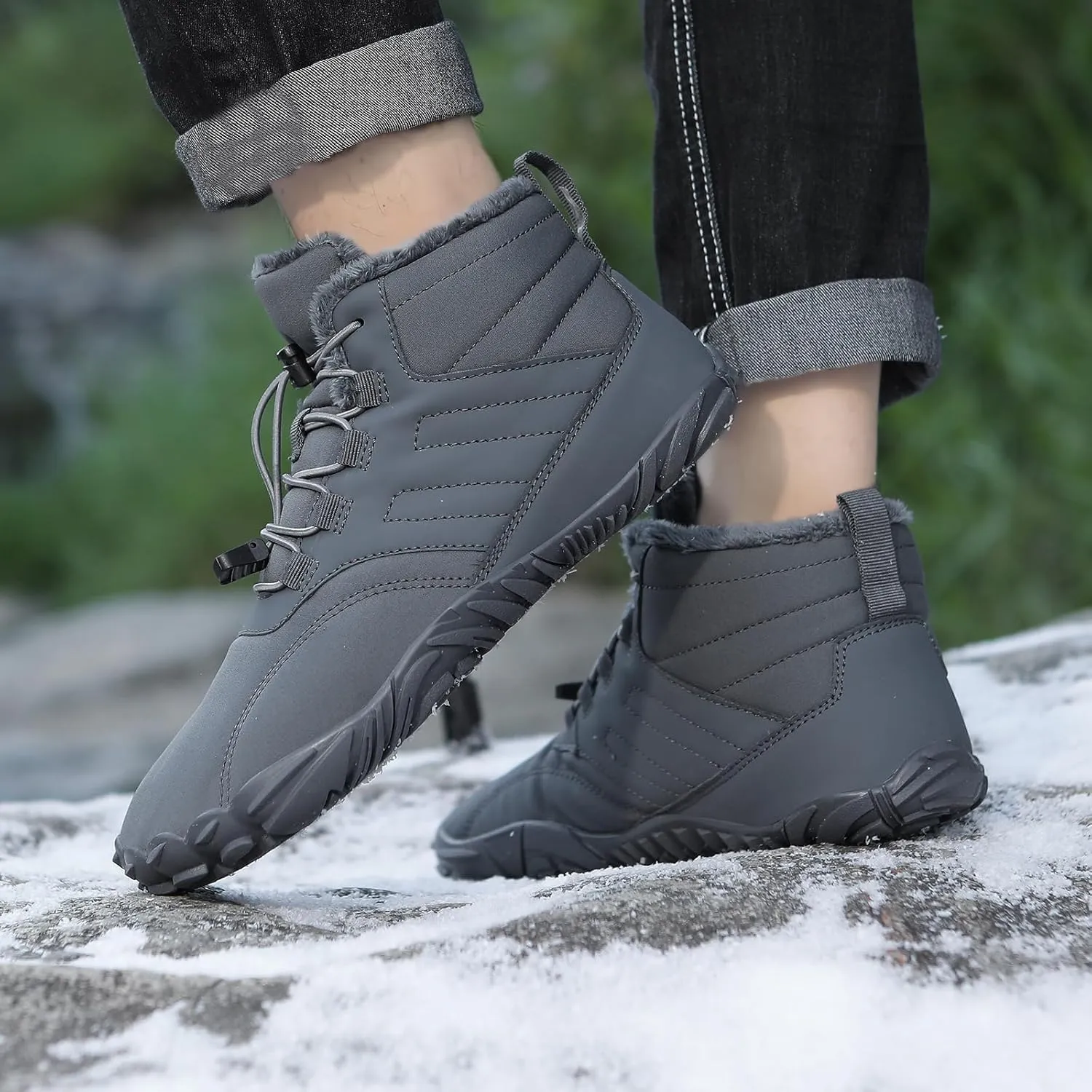 Men's Women's Winter Barefoot Hiking Boots, Slip On Warm Zero Drop Snow Boot, Wide Toe Box Ankle boots, Minimalist Waterproof Shoes, Five Finger Sneakers Hike Shoes for Hiking Walking Outdoor Unisex