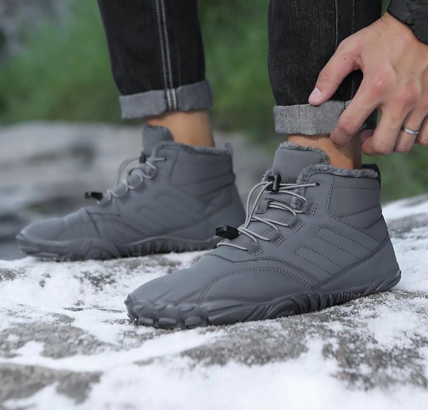 Men's Women's Winter Barefoot Hiking Boots, Slip On Warm Zero Drop Snow Boot, Wide Toe Box Ankle boots, Minimalist Waterproof Shoes, Five Finger Sneakers Hike Shoes for Hiking Walking Outdoor Unisex