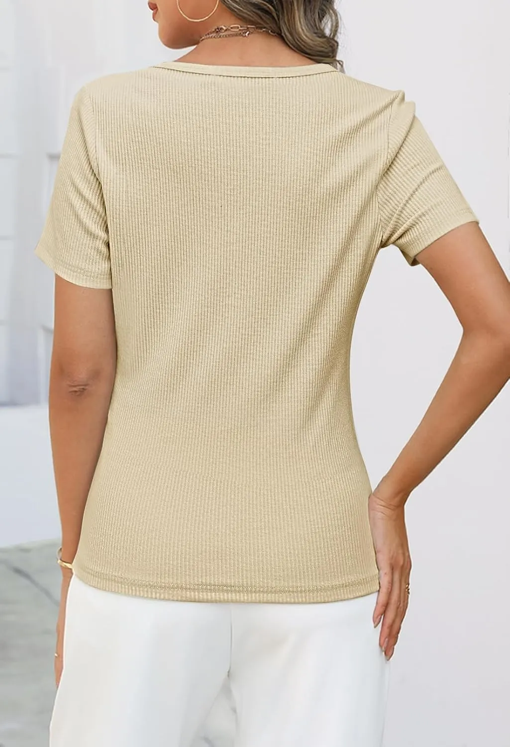 MEROKEETY Women's Summer Short Sleeve V Neck T Shirts Casual Ribbed Button Henley Knit Tops Blouse