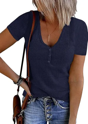 MEROKEETY Women's Summer Short Sleeve V Neck T Shirts Casual Ribbed Button Henley Knit Tops Blouse