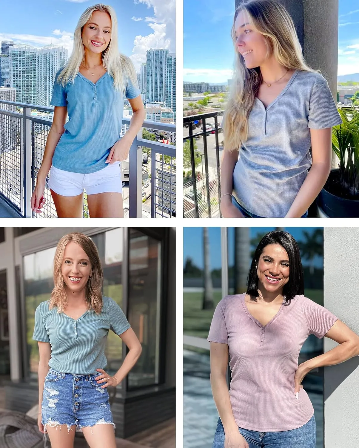 MEROKEETY Women's Summer Short Sleeve V Neck T Shirts Casual Ribbed Button Henley Knit Tops Blouse