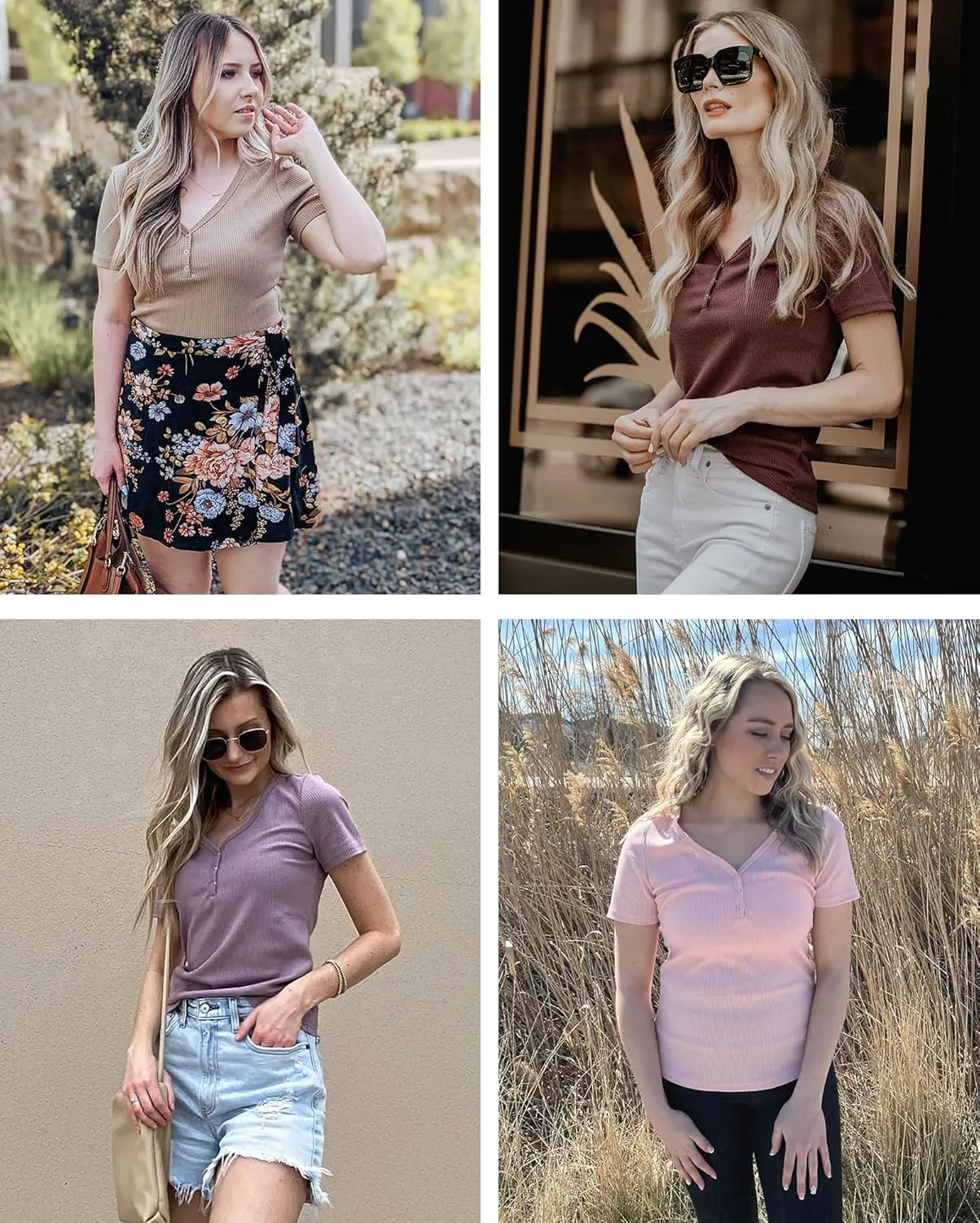 MEROKEETY Women's Summer Short Sleeve V Neck T Shirts Casual Ribbed Button Henley Knit Tops Blouse