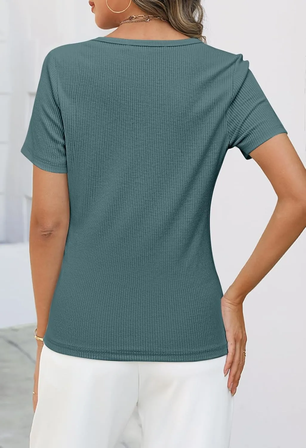 MEROKEETY Women's Summer Short Sleeve V Neck T Shirts Casual Ribbed Button Henley Knit Tops Blouse