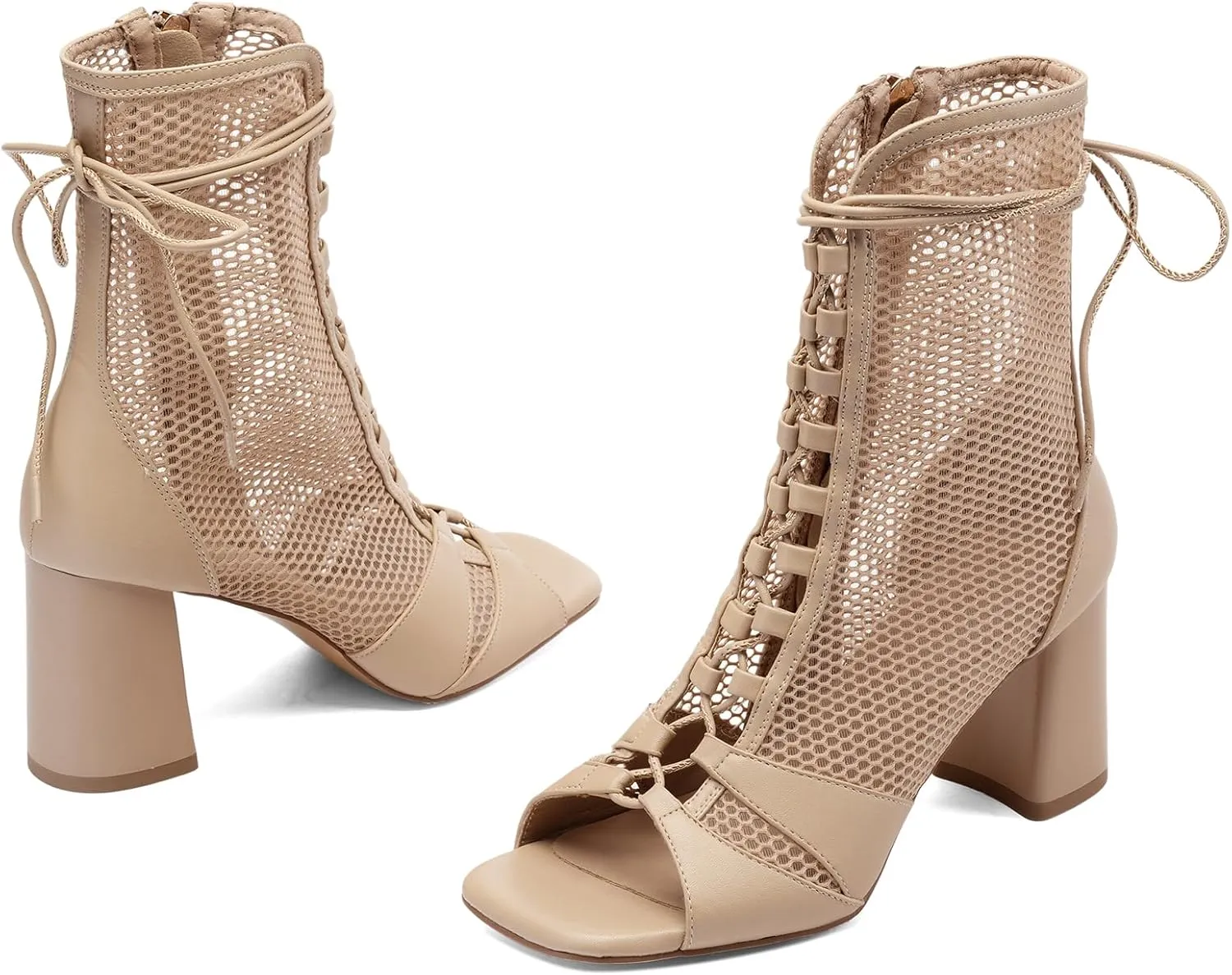 Mesh Chunky High Heel Sandals Booties for Women, Peep Toe Gladiator Sandals with Lace Up Straps, Side Zipper, Sexy Breathable Fishnet Combat Short Boots Shoes