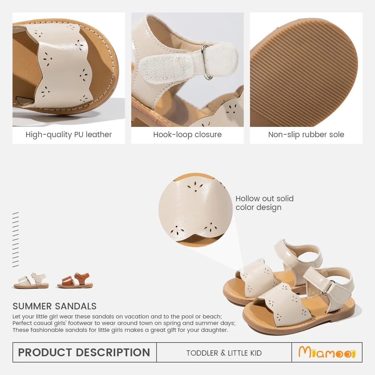 Miamooi Toddler Girls Summer Sandals Little Kid Open Toe Princess Dress Flats Sandals PU Leather Rubber Sole Wedding School Shoes