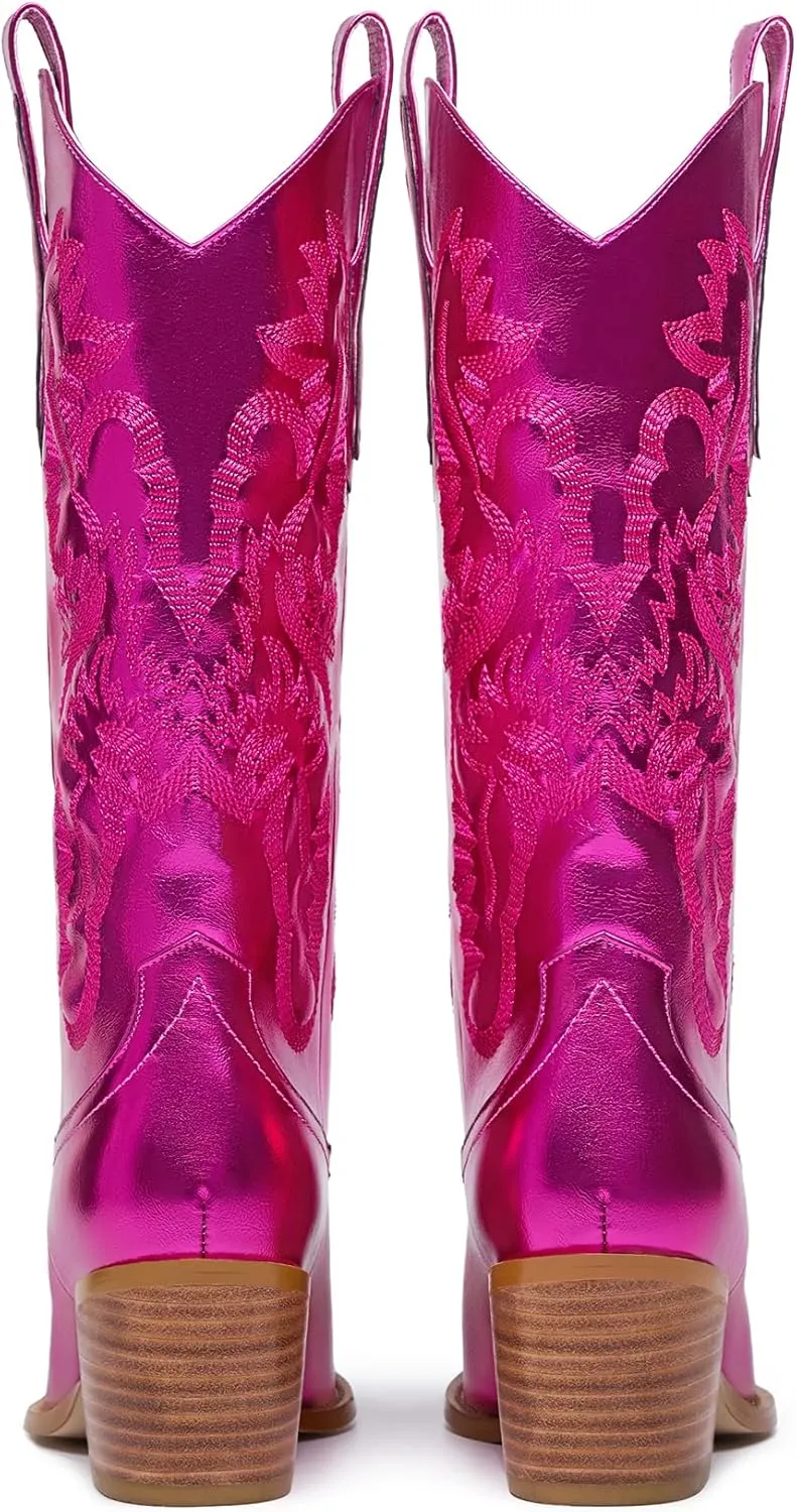 Mid Calf Metallic Cowboy Boots For Women Glitter Western Embroidered Cowgirl Boots Wide Calf Chunky Heel Wide Calf Short Boots Pull on Pointy Toe Fashion Vintage Boots