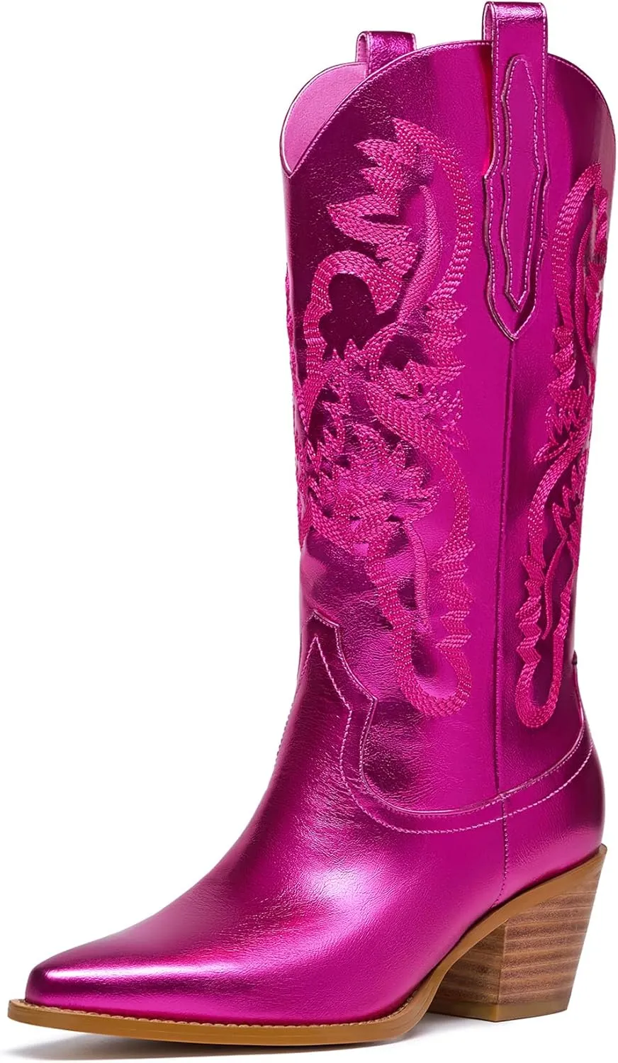 Mid Calf Metallic Cowboy Boots For Women Glitter Western Embroidered Cowgirl Boots Wide Calf Chunky Heel Wide Calf Short Boots Pull on Pointy Toe Fashion Vintage Boots