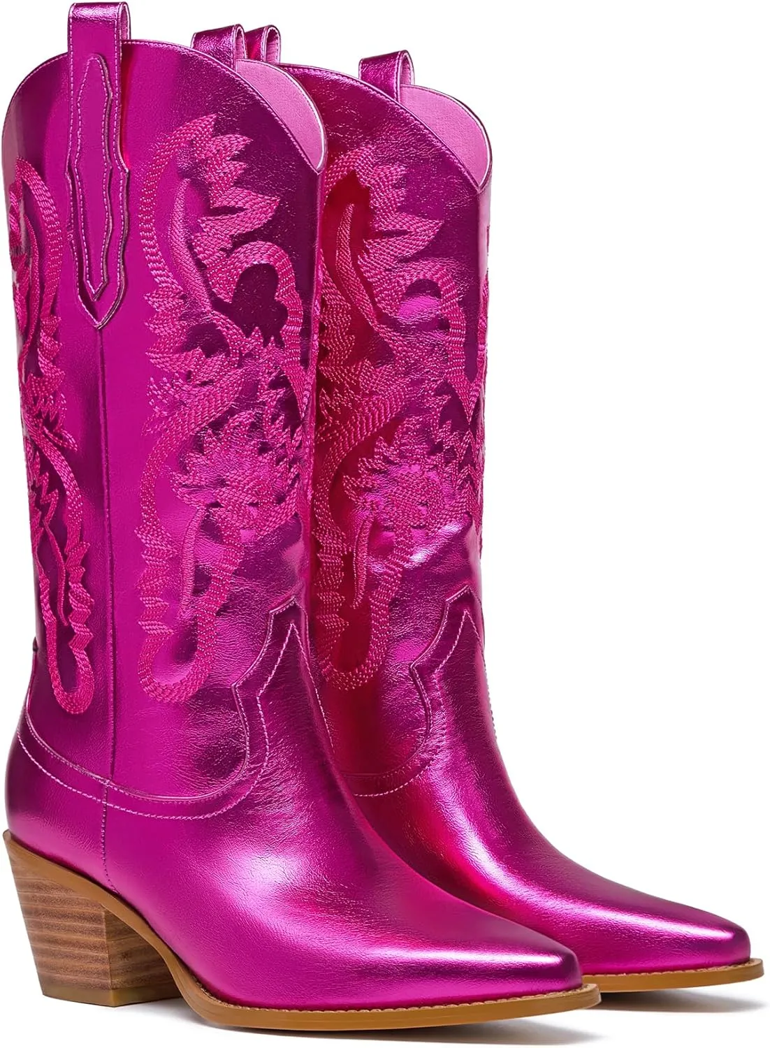 Mid Calf Metallic Cowboy Boots For Women Glitter Western Embroidered Cowgirl Boots Wide Calf Chunky Heel Wide Calf Short Boots Pull on Pointy Toe Fashion Vintage Boots