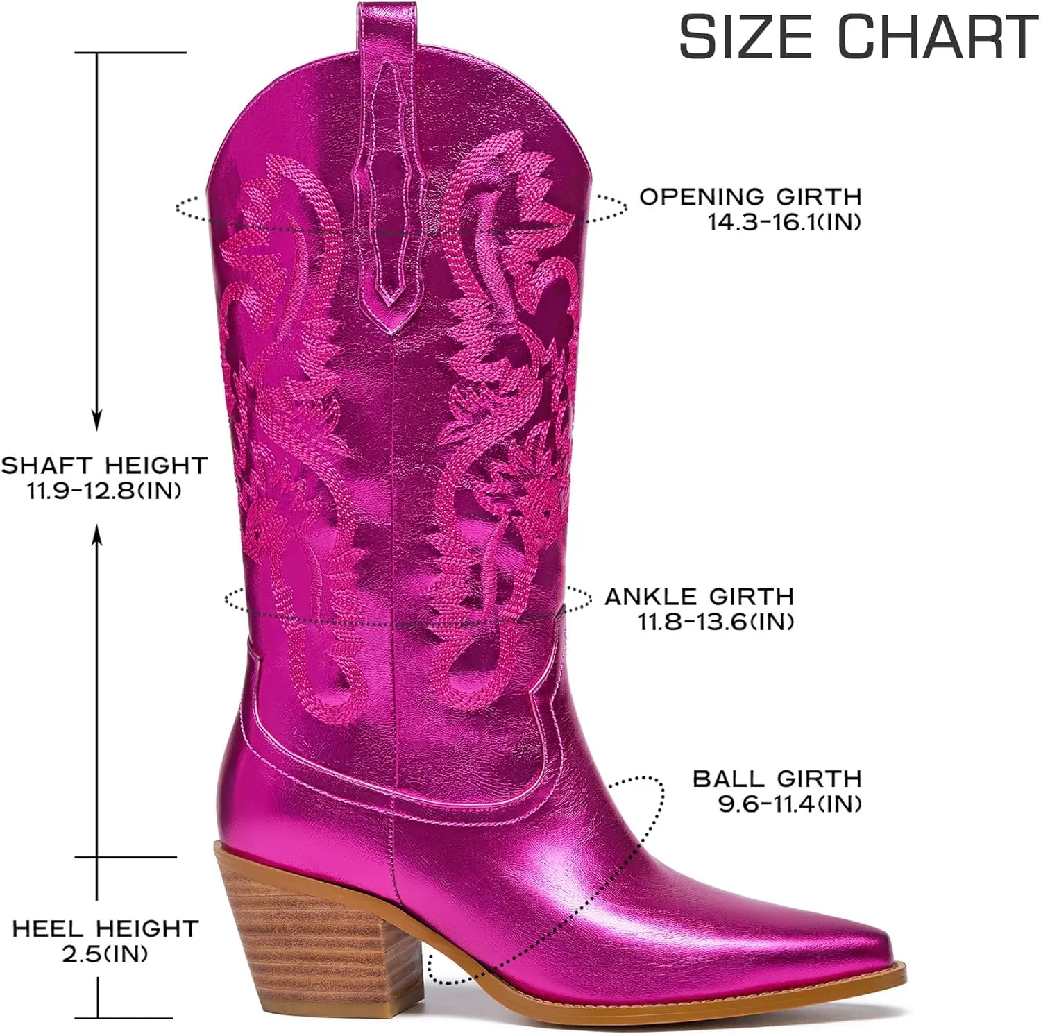 Mid Calf Metallic Cowboy Boots For Women Glitter Western Embroidered Cowgirl Boots Wide Calf Chunky Heel Wide Calf Short Boots Pull on Pointy Toe Fashion Vintage Boots