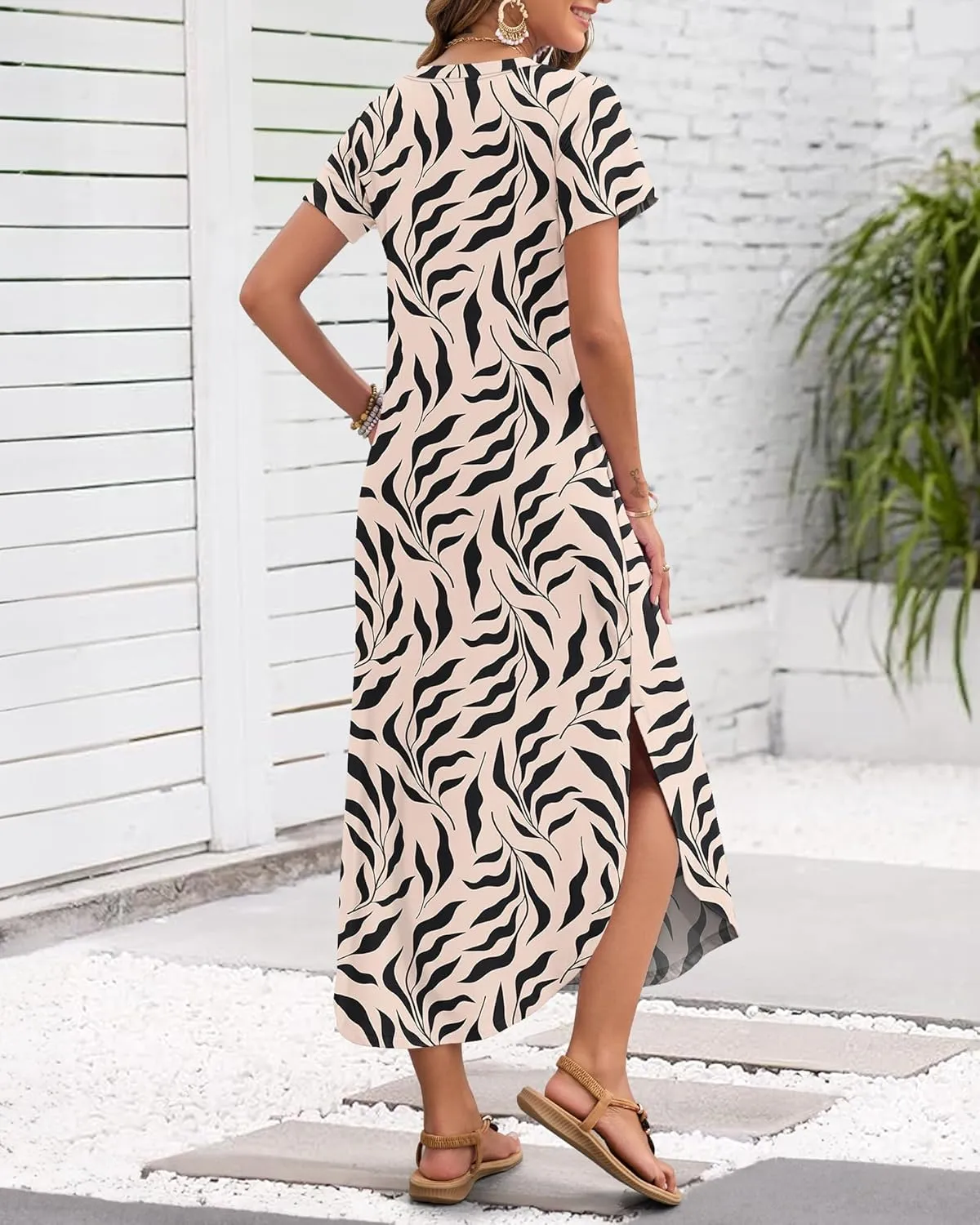 MISFAY Women's Summer Casual Maxi Dress 2025 Short Sleeves V Neck Loose Sundress Split Long Beach Shirt Dress Vacation Outfit