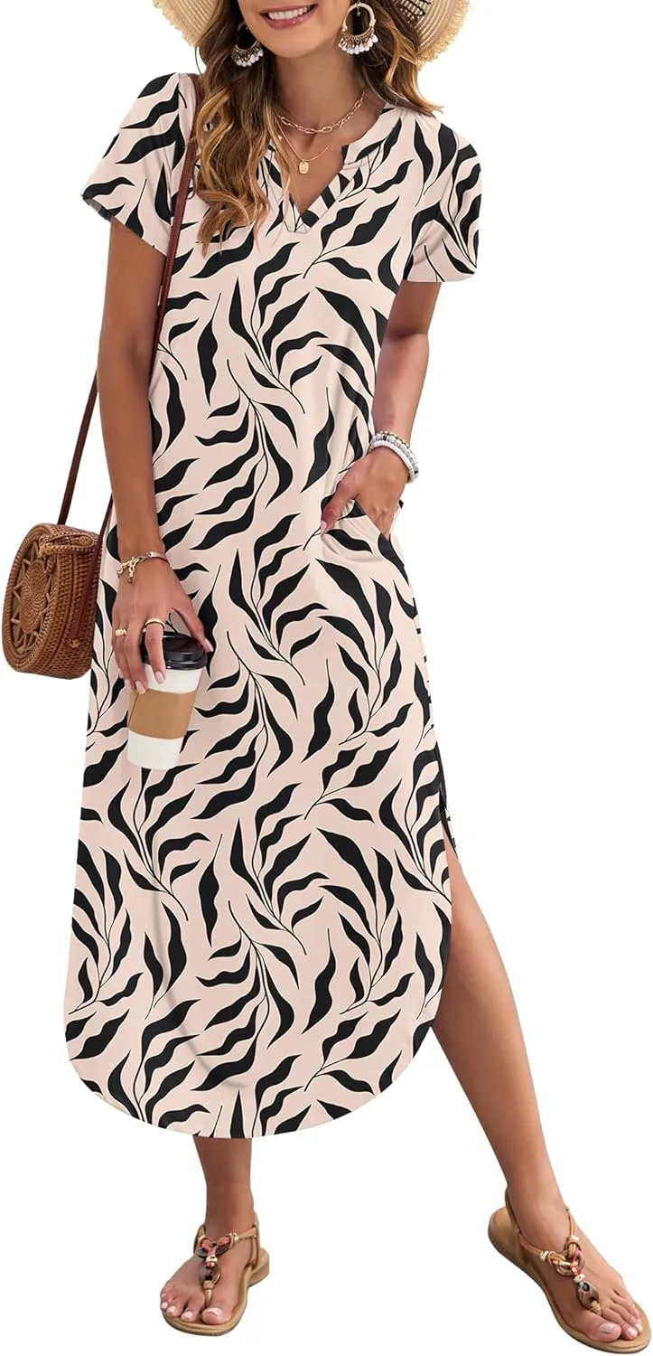 MISFAY Women's Summer Casual Maxi Dress 2025 Short Sleeves V Neck Loose Sundress Split Long Beach Shirt Dress Vacation Outfit