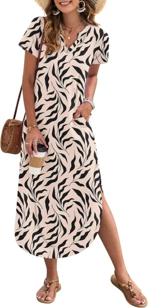 MISFAY Women's Summer Casual Maxi Dress 2025 Short Sleeves V Neck Loose Sundress Split Long Beach Shirt Dress Vacation Outfit