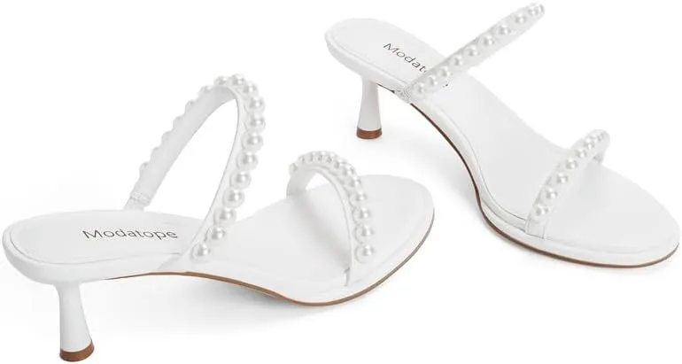 Modatope Two Strap Heeled Sandals for Women Kitten Heel Rounded Toe Heels Women Slip on Open Toe Sandals