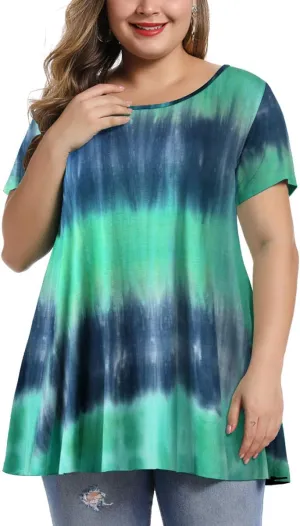 MONNURO Womens Short Sleeve Casual Loose Fit Flare Swing Tunic Tops Basic T-Shirt Plus Size
