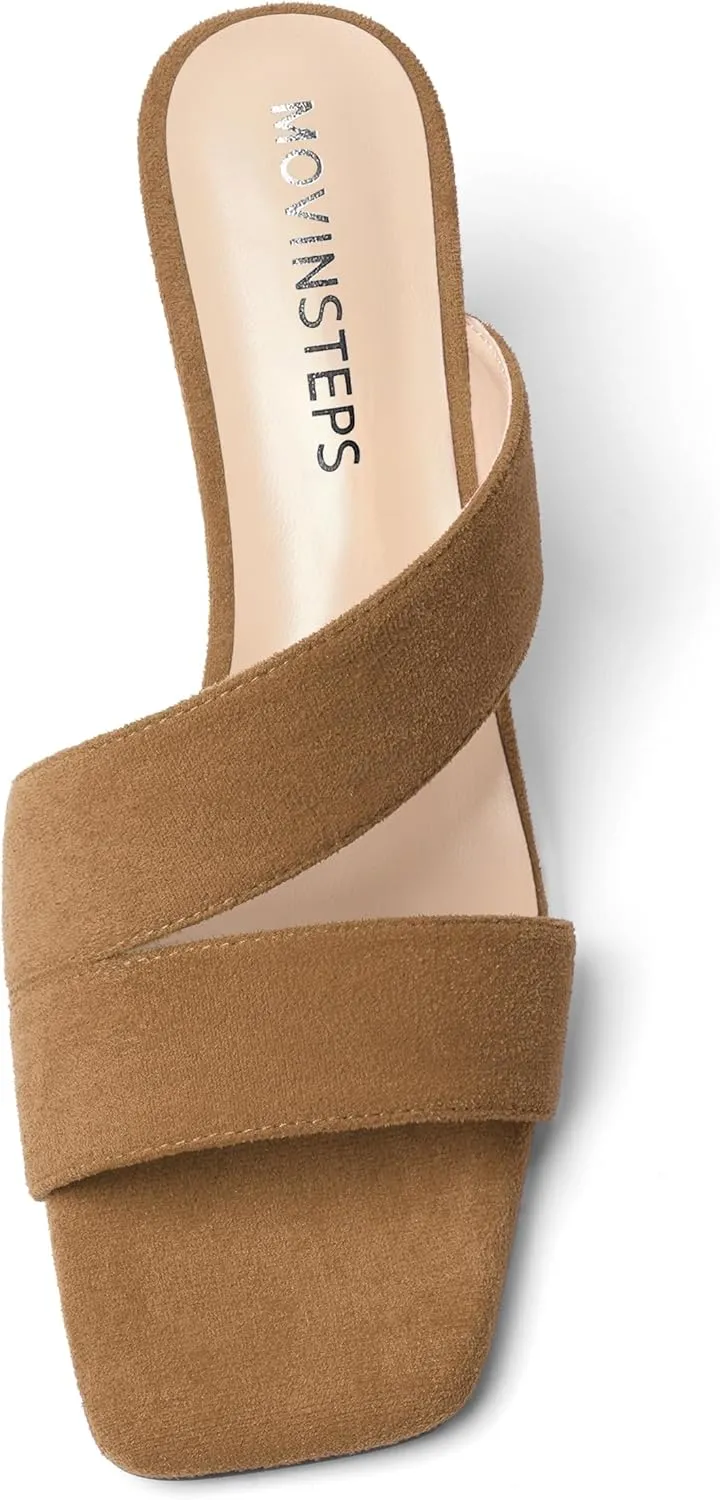 MOVINSTEPS Womens Indoor Slip On Dress Solid Suede Square Toe Kitten Low Heel Sandals 2 Inch
