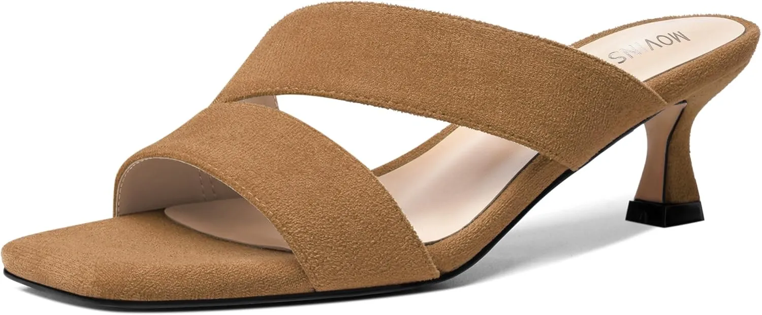 MOVINSTEPS Womens Indoor Slip On Dress Solid Suede Square Toe Kitten Low Heel Sandals 2 Inch